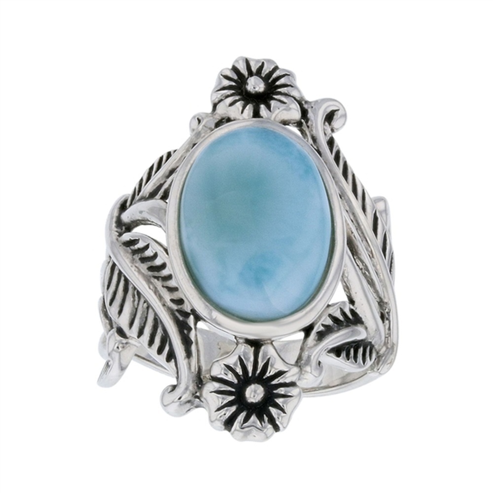 925 Sterling Silver Larimar Oval Shape w Leaves & Flower Pattern Ring 7.4 gm